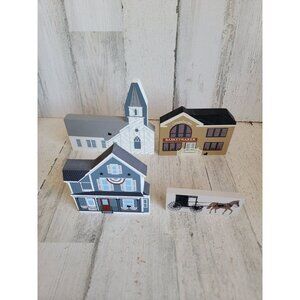 Wooden cats meow village Church house shelf sitter set